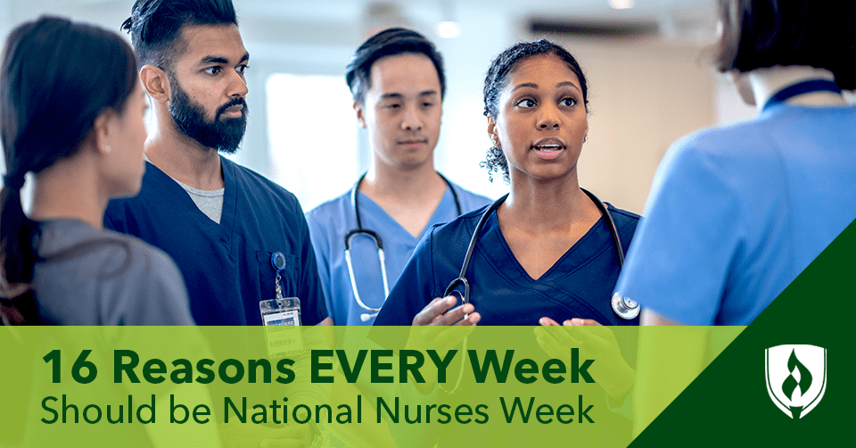 A dark-skinned female nurse instructs four other nurses for national nurses week