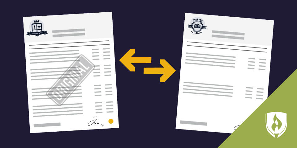 illustration showing transfer credit papers between two schools