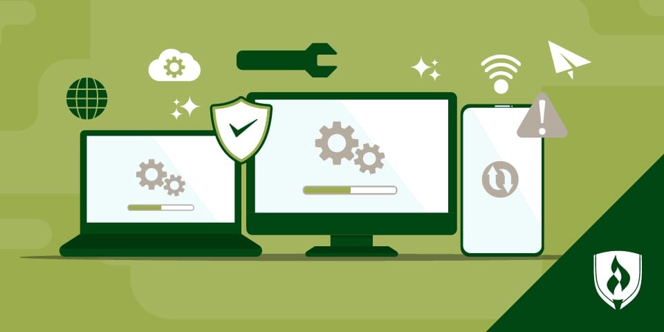 illustration of a laptop, computer or phone with different information technology symbols