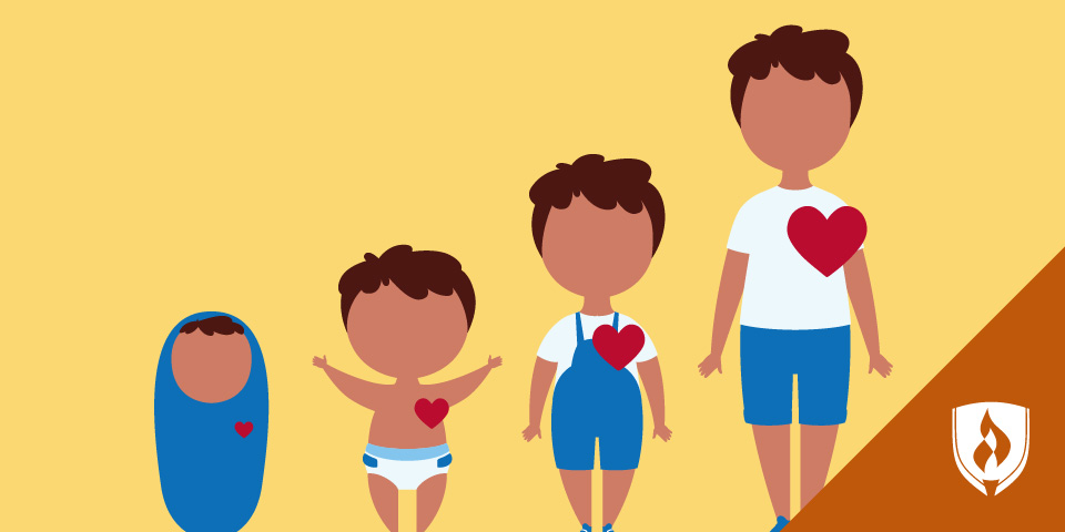 illustration of children at different ages with heart icons