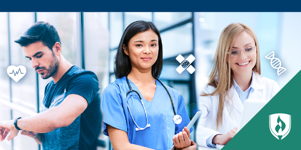 male looking at smartwatch, female nurse using table and lab tech on laptop