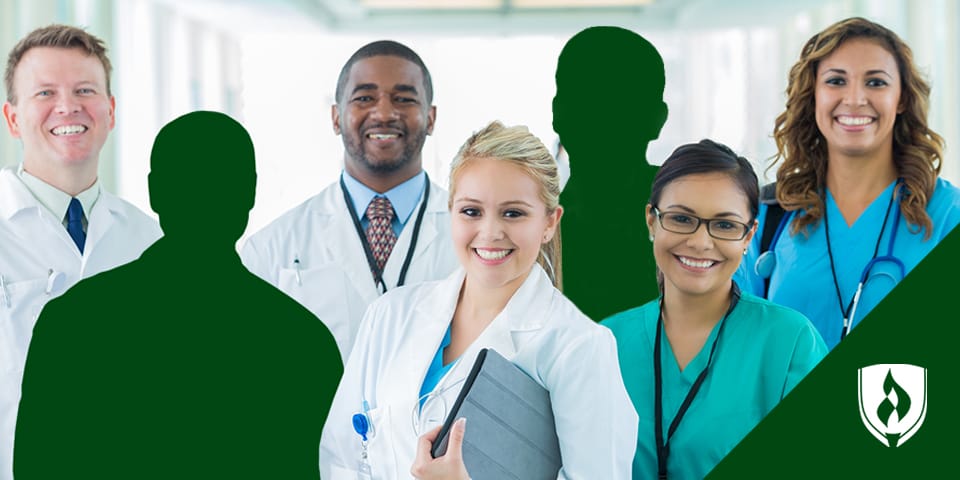 Photo of a group of healthcare professionals with two to-be-filled silhouettes among them.