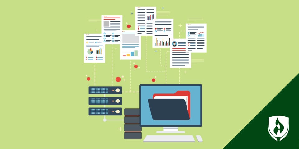 Illustration of a computer linked to multiple health documents.