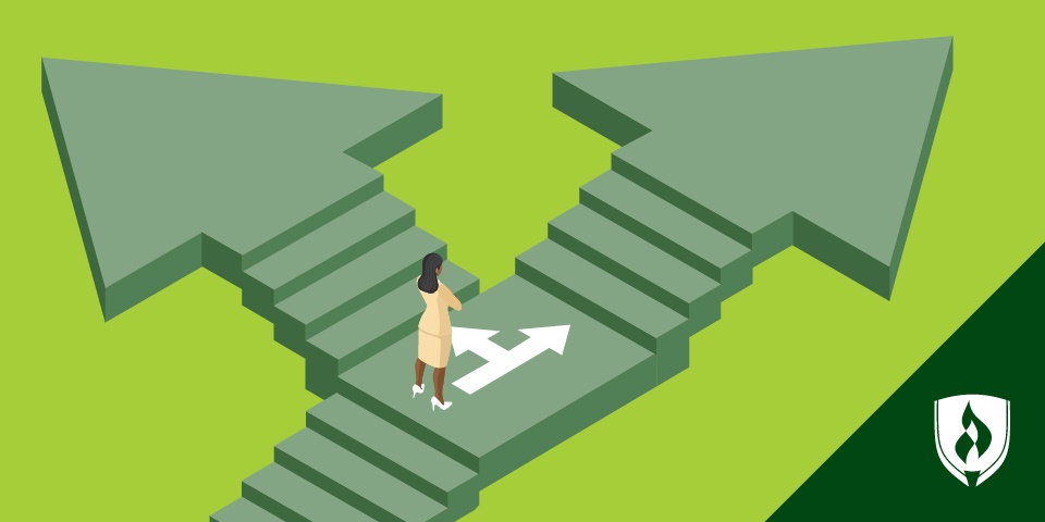 illustration of a student facing two sets of stairs shaped as arrows deciding between an mba and an mhrm degree