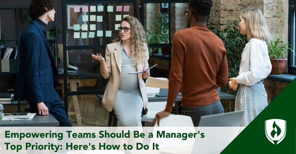 A manager talks with her team in an open circle