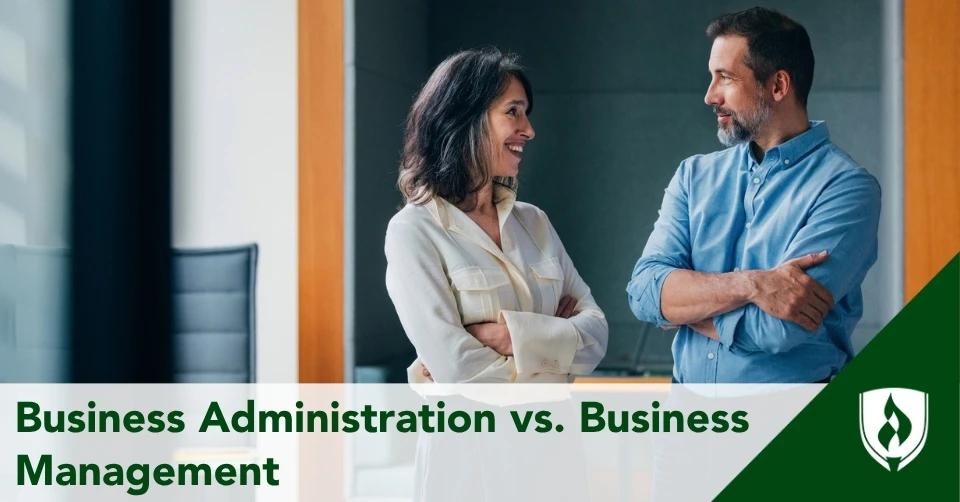 bus admin vs bus management header Two business leaders discuss the plan