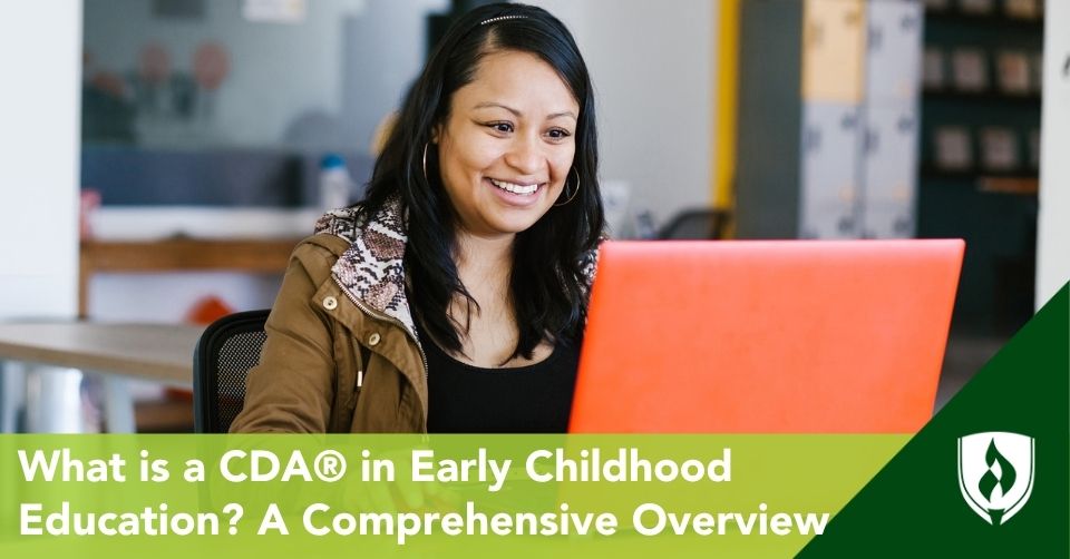 CDA header An ECE teacher works at a computer