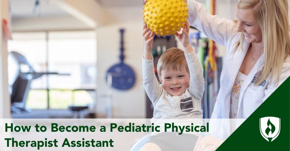 A pediatric PTA works with a young child and a yellow ball