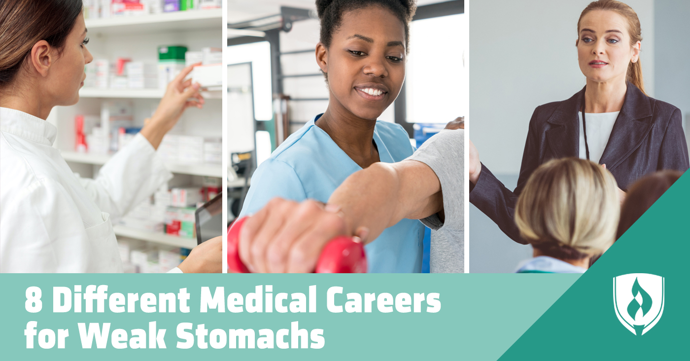 Female pharmacist looking at medication, female physical therapist assisting a patient, female director speaking to meeting of doctors