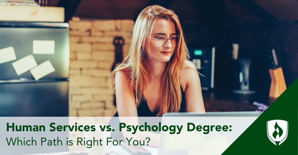 A student wearing glasses looks over human services and psych degree options on her computer