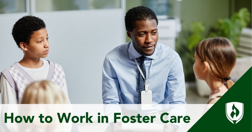 work in foster care header A foster care case manager meets with a few children