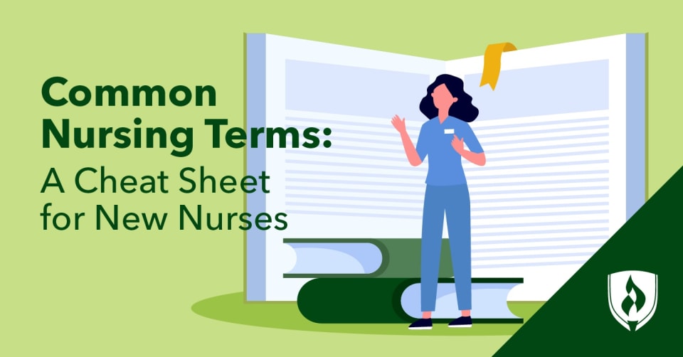 Illustration of a nurse standing in front of a large textbook of nursing terms