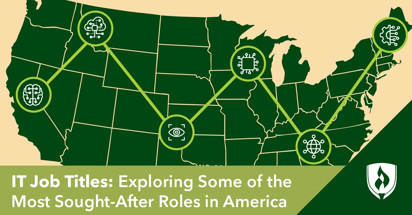 illustration showing a map of america with IT job titles icons