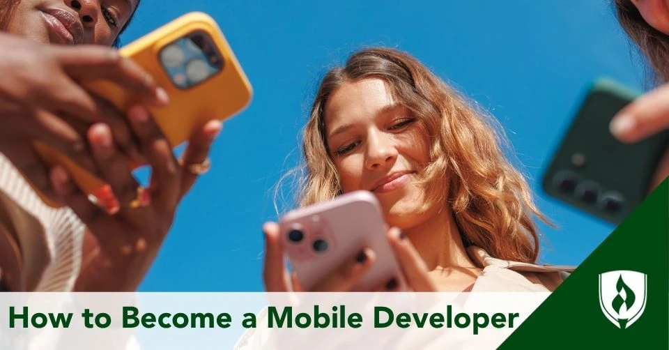 Three people look at their phones under a blue sky