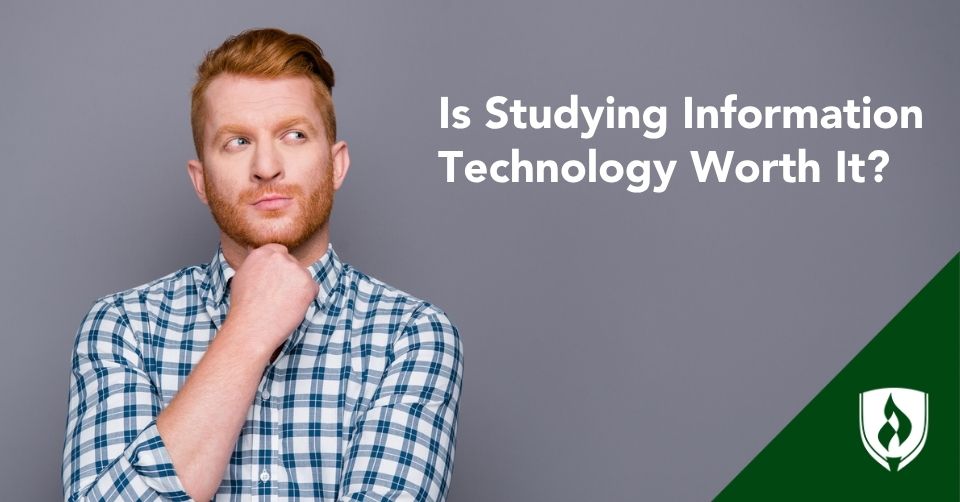 Studying IT header Prospective IT student makes a considering face