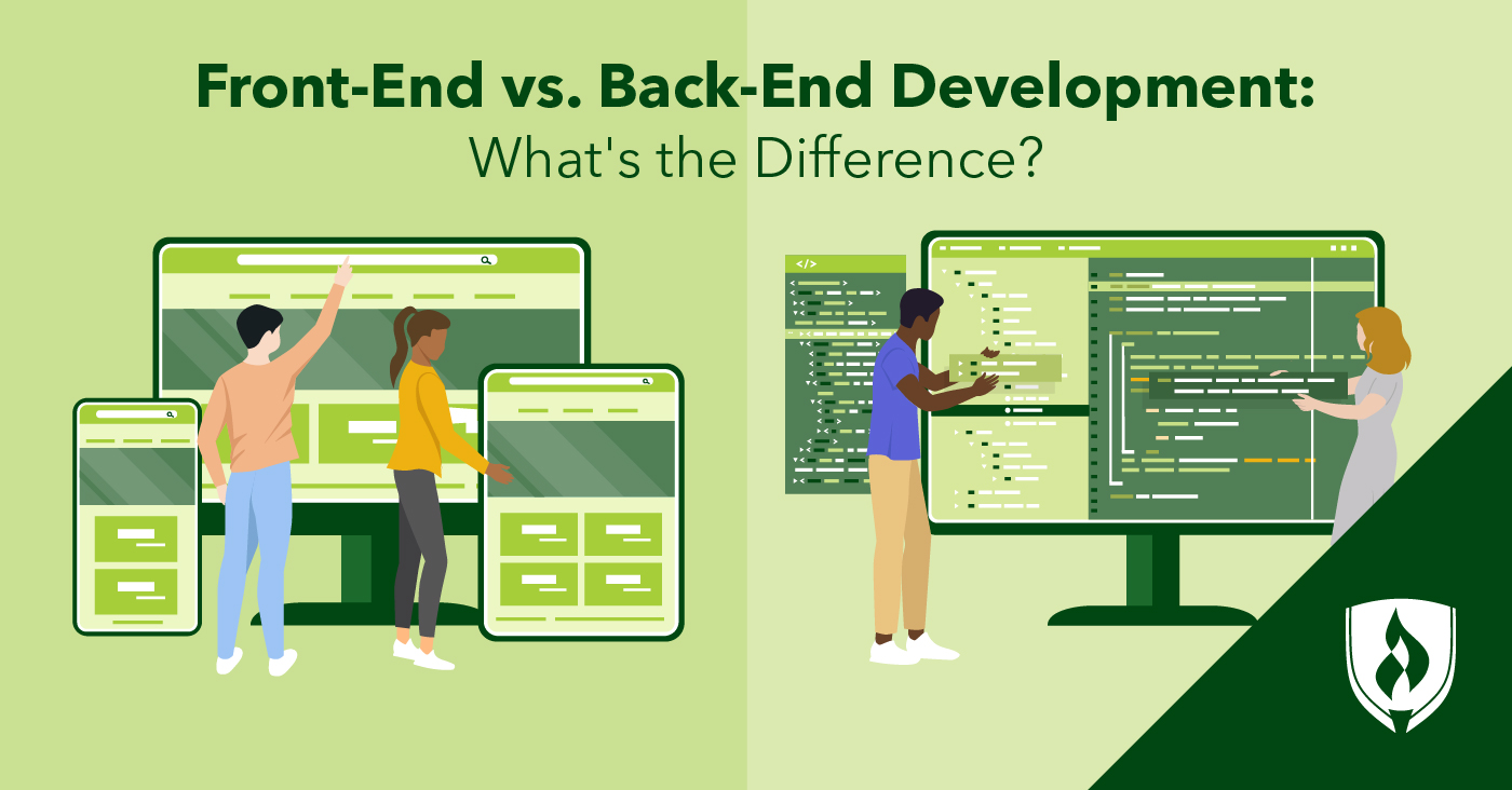 illustration of a back-end team and front-end team working representing back end vs front end.