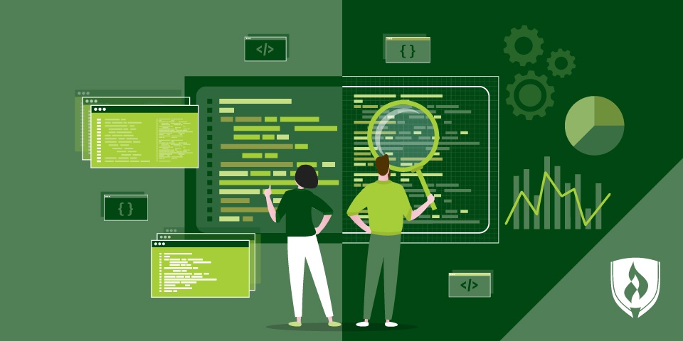 illustration with two panels with different symbols and different professionals representing  software developer vs software engineer