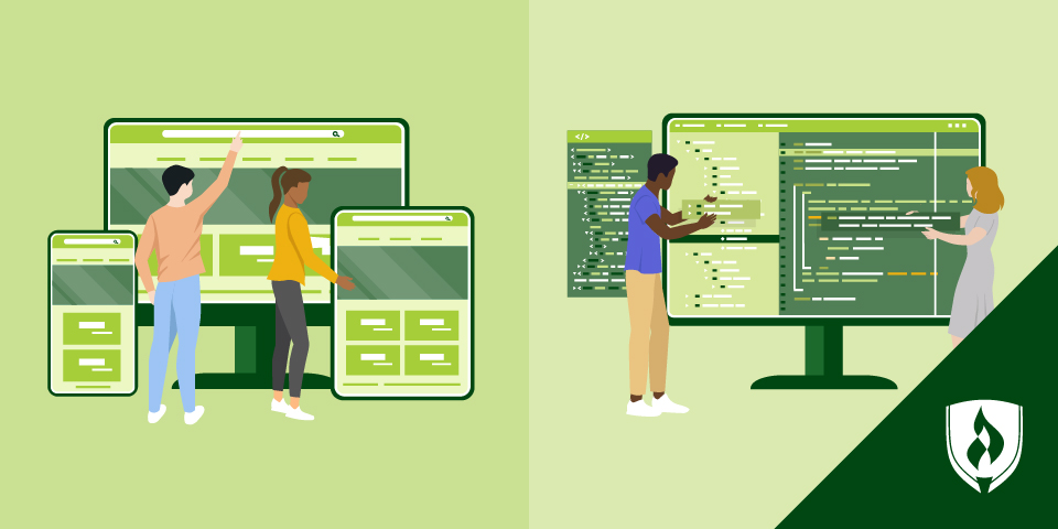 illustration of a back-end team and front-end team working representing back end vs front end.