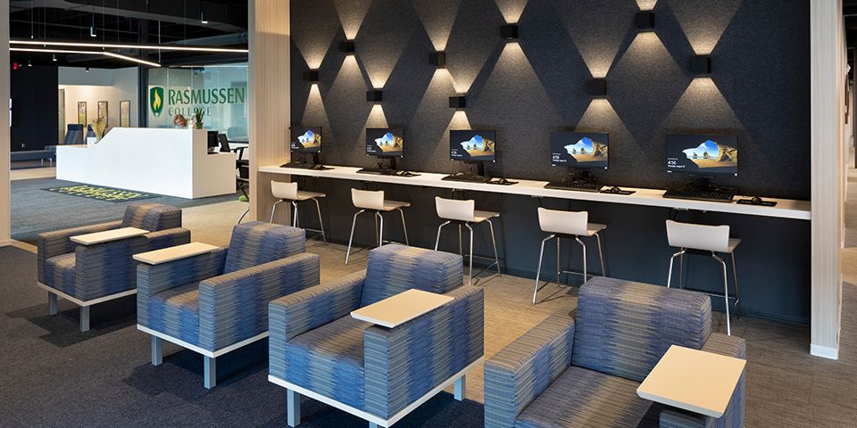 Visit the comfortable student lounge and front desk area at the Rasmussen University Mankato campus.