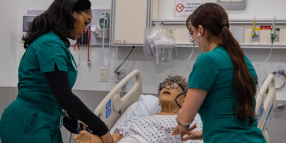 Nursing courses practicing in simulated clinical settings at the Rasmussen University Central Pasco college in Florida.