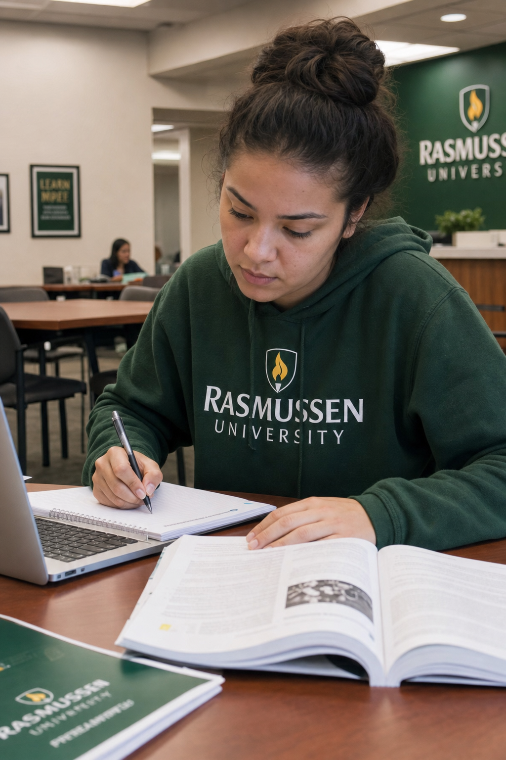 a girl studying with a book and laptop